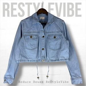 MONO B Women’s Size L Jacket Coat Denim Jean Cropped Drawstring Button Front